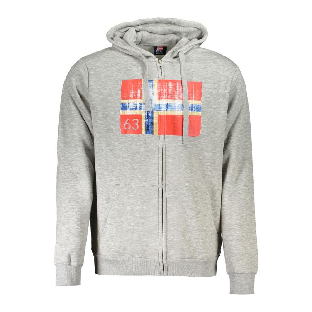 Norway 1963 gray cotton men's hooded sweater with zip and logo print.
