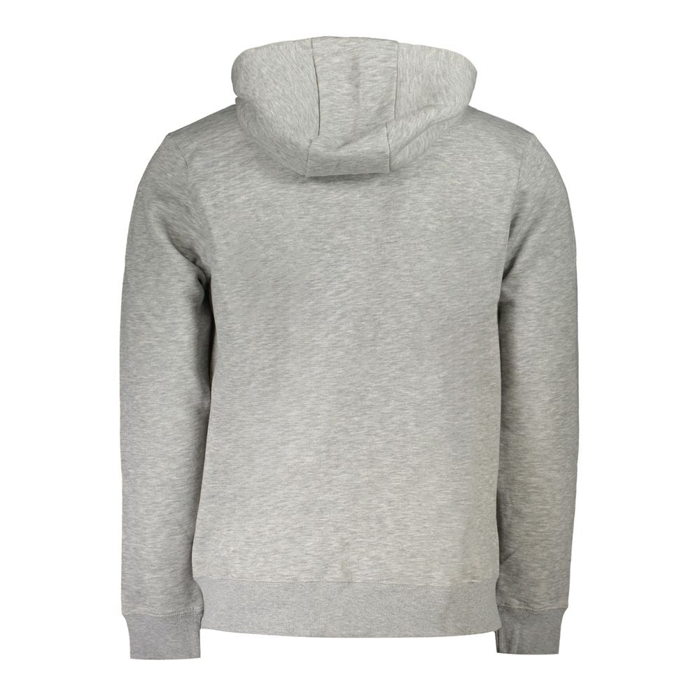 Back view of gray hooded cotton men’s sweater with zip by Norway 1963, showcasing long sleeves and refined style.