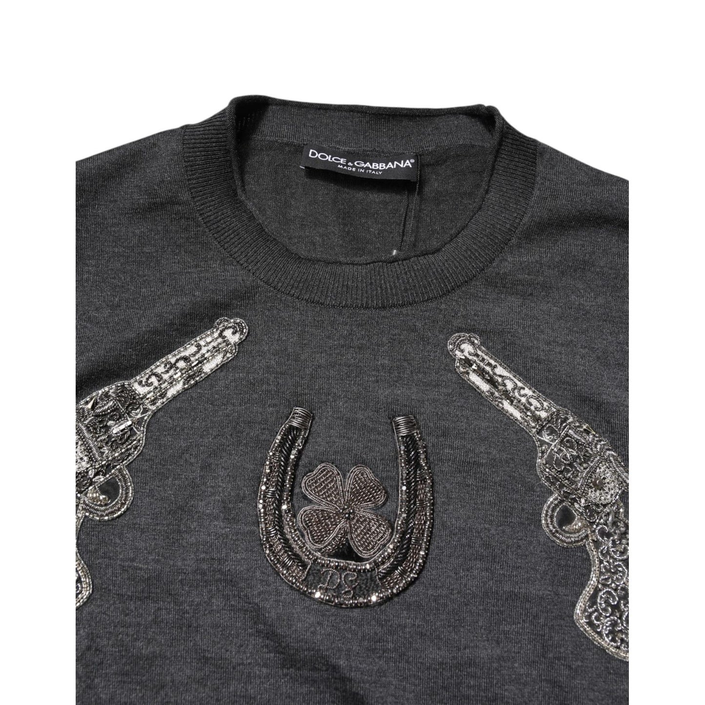 Dolce & Gabbana Gray Embroidery Knit Men Pullover Sweater