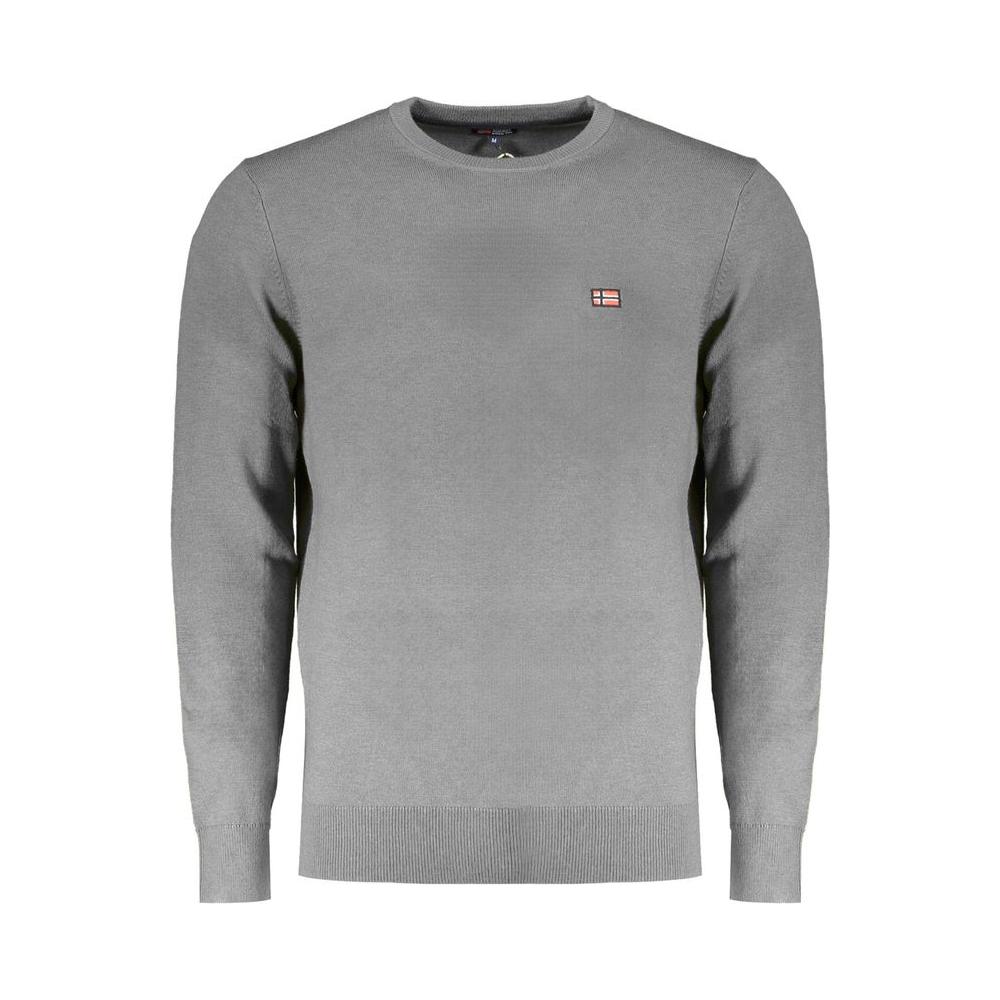 Gray polyester men's sweater, Norway 1963, featuring long sleeves, crew neck, and embroidered logo for casual sophistication.