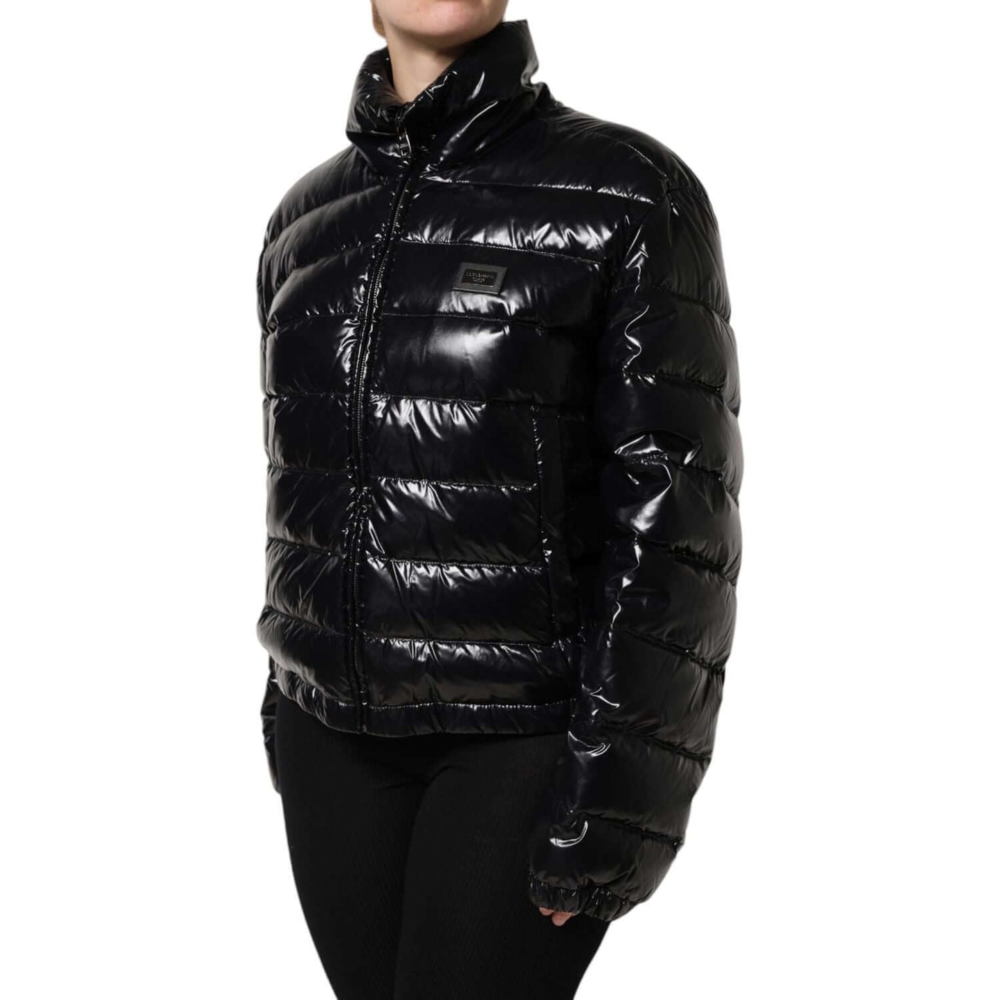 Dolce & Gabbana Black Full Zip Puffer Jacket with Logo Plaque, Nylon-Polyurethane Material, Made in Italy.