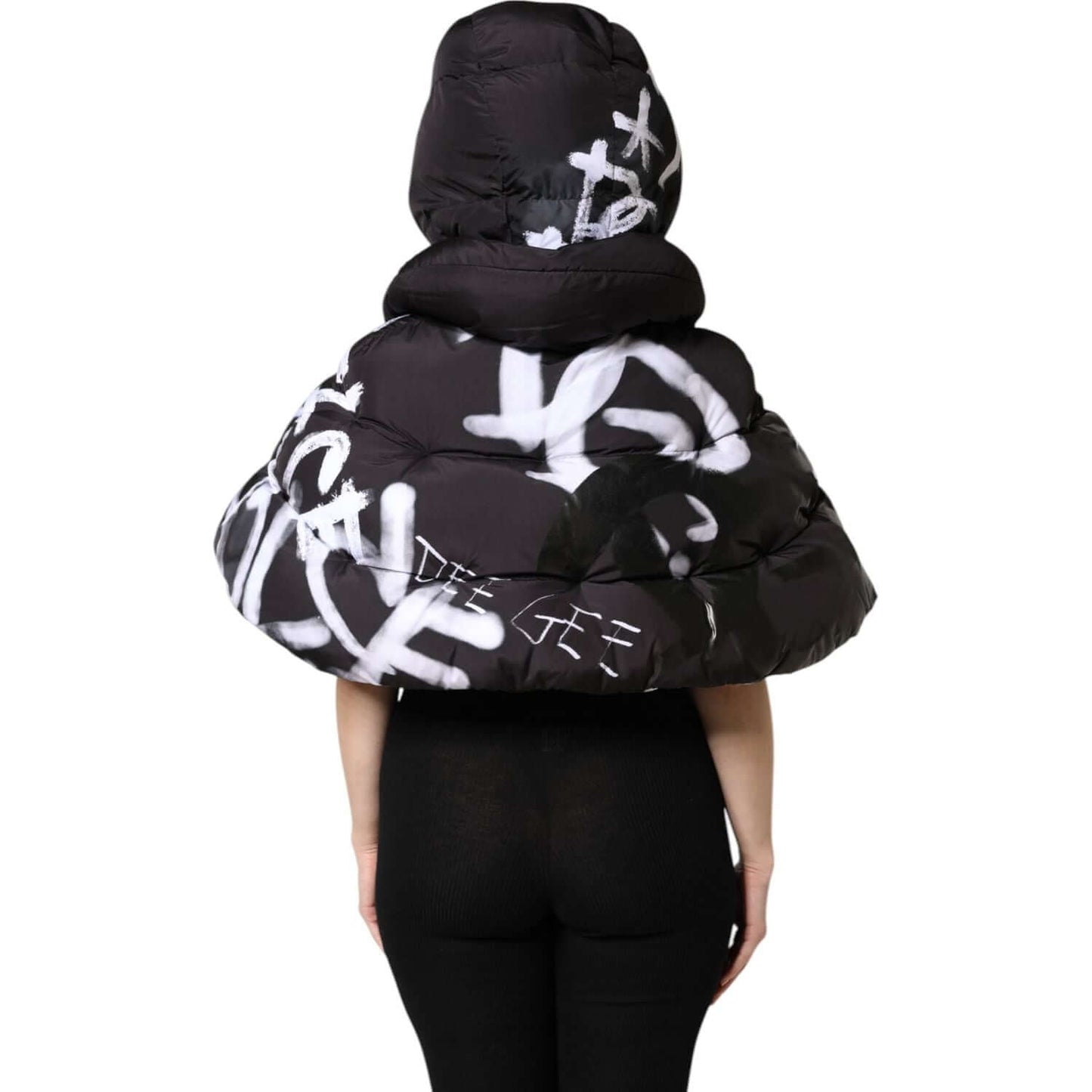 Back view of Dolce & Gabbana black graffiti padded hooded jacket with full zip for women. Stylish and exclusive design.
