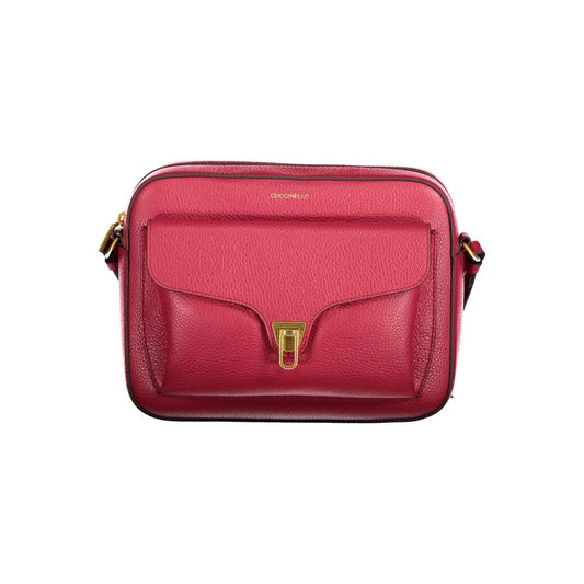 Coccinelle Red Leather Handbag with adjustable strap, external and internal pockets, zip and rotary closure, logo displayed.