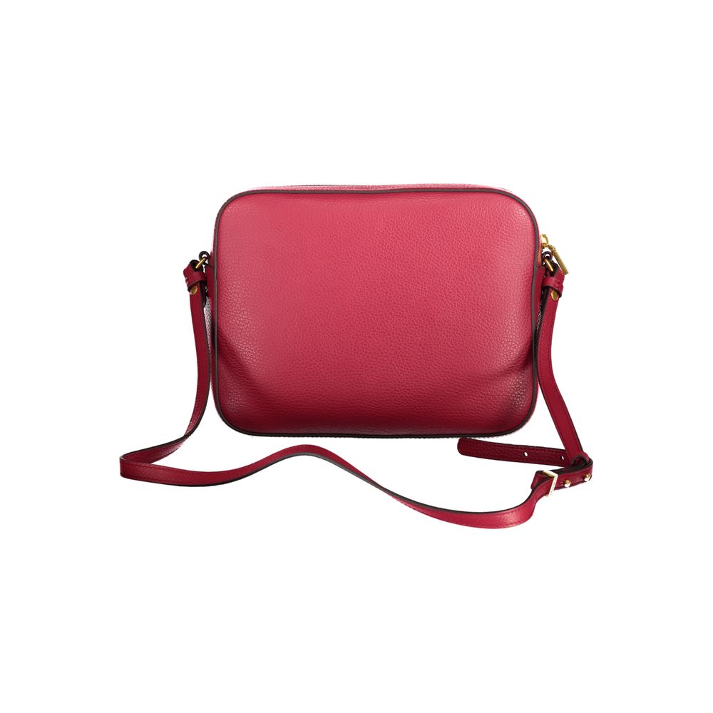Coccinelle Red Leather Handbag with adjustable strap, zip and rotary closure, featuring external and internal pockets.