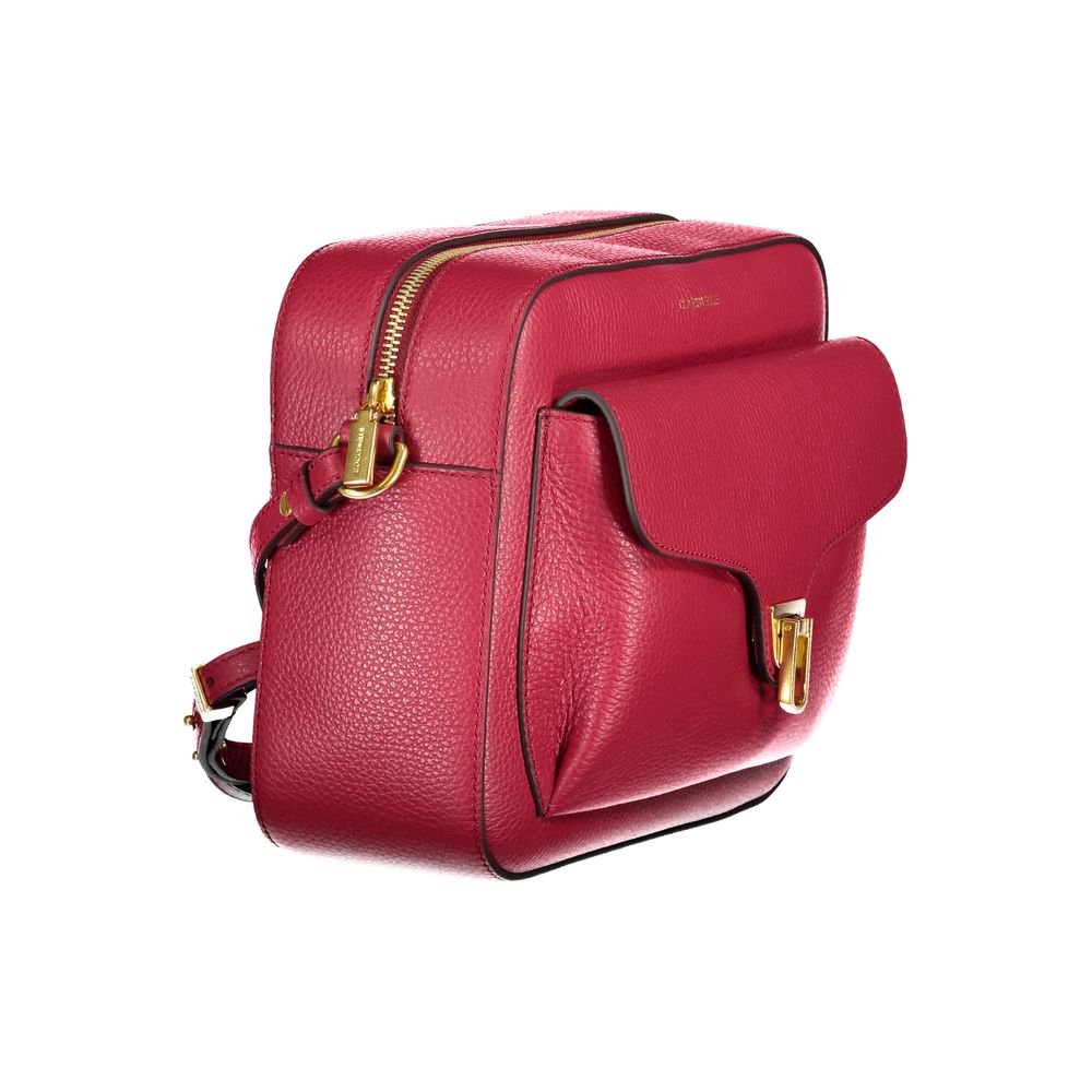 Coccinelle Red Leather Handbag with adjustable shoulder strap, external and internal pockets, featuring zip and rotary closure