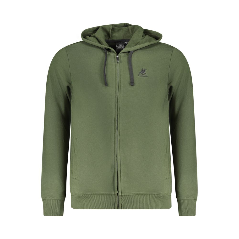 U.S. Grand Polo green cotton hooded sweatshirt with long sleeves, zip closure, embroidered logo, and two pockets.