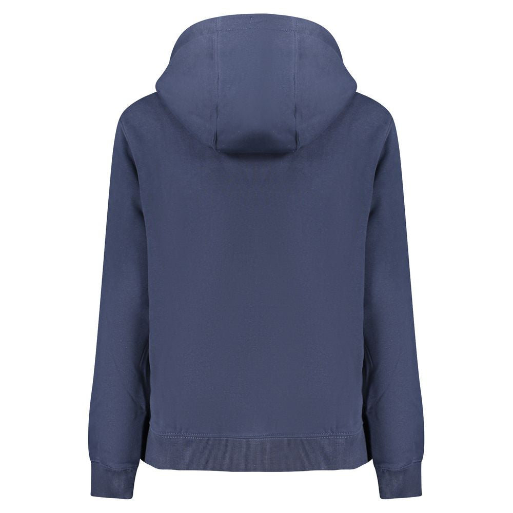 Back view of Tommy Hilfiger Blue Cotton Women Sweater with hood, showcasing sustainable design and iconic branding.