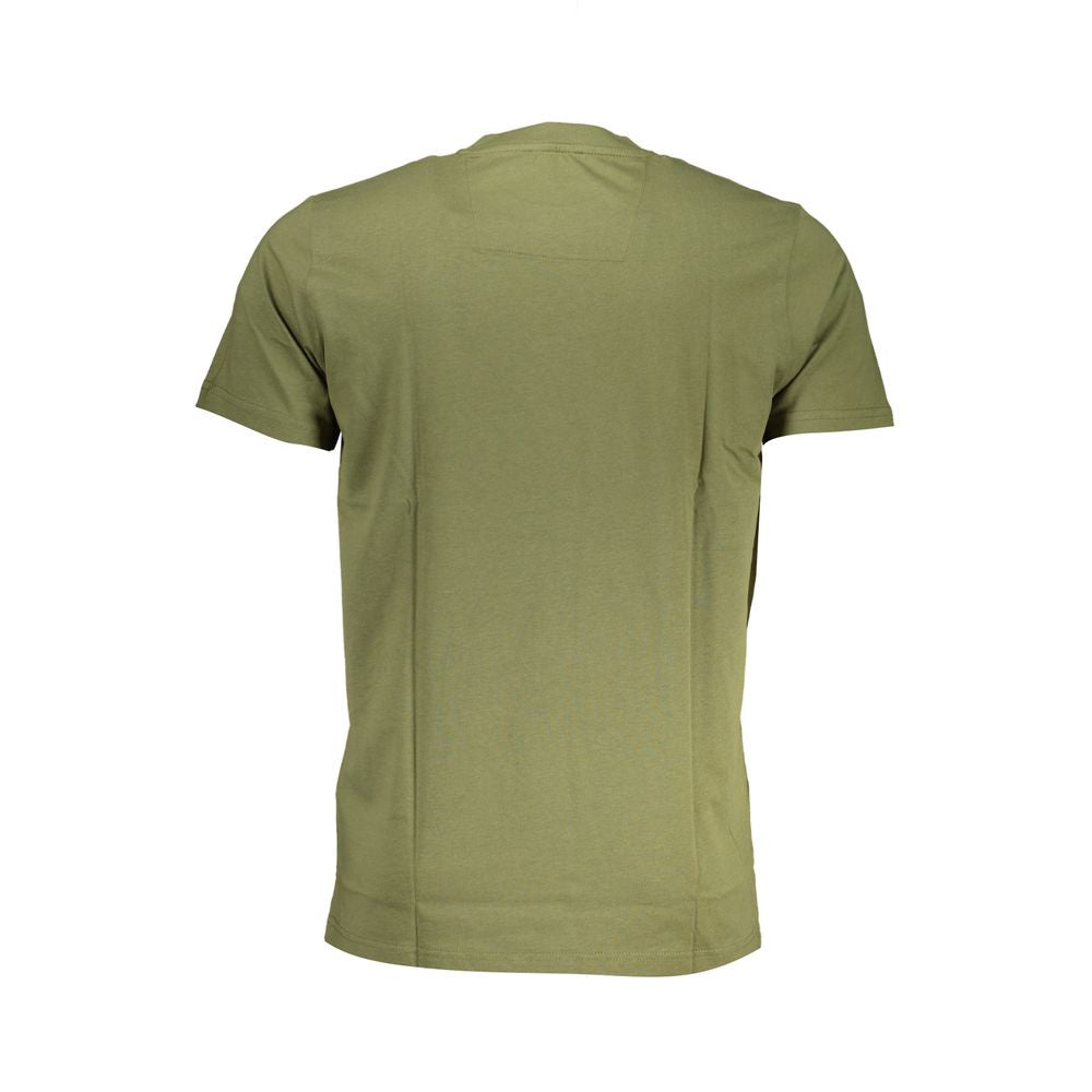 Back view of Cavalli Class Green Cotton T-Shirt, short-sleeved, crew neck, featuring print and logo design.