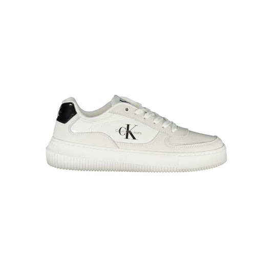 Calvin Klein Sleek White Lace-Up Sneakers with Contrast Details featuring recycled materials and branded accents.