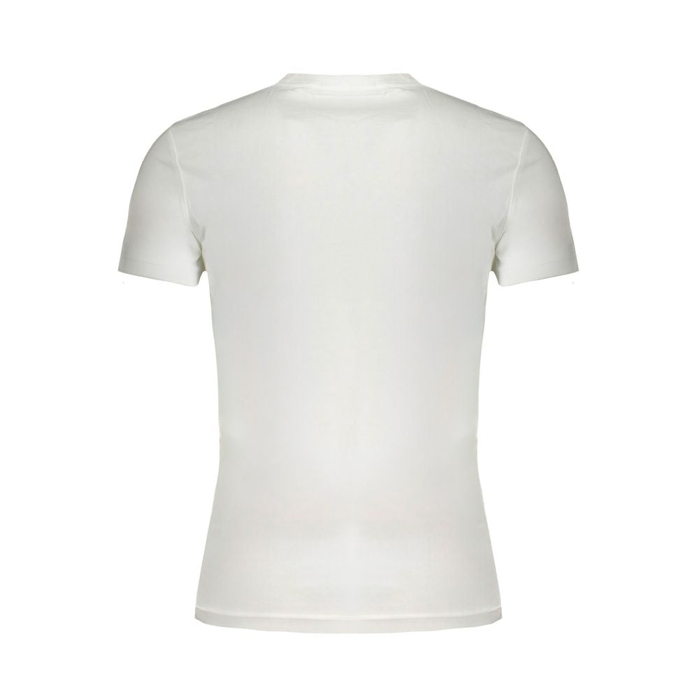 Back view of Calvin Klein White Cotton T-Shirt, short sleeves, crew neck, logo print, made with 95% regenerative cotton.