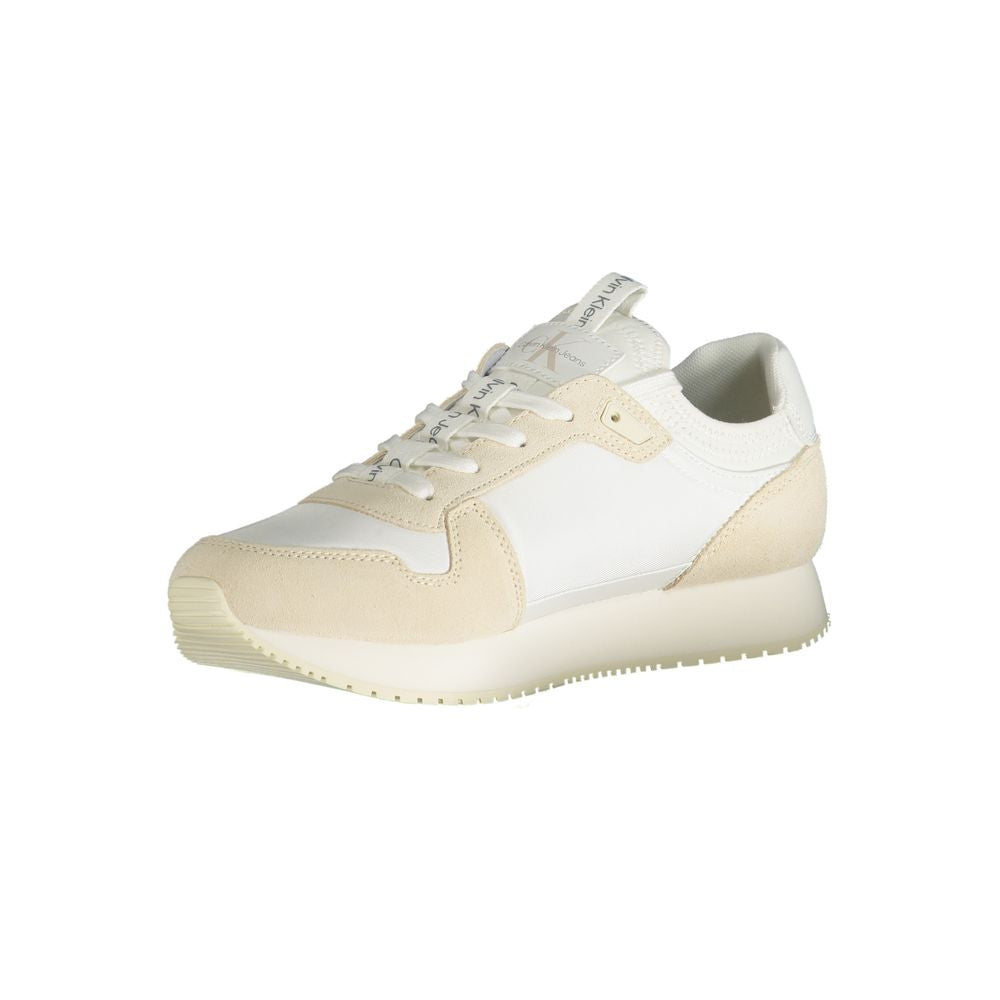 Calvin Klein White Polyester Sneaker with laces, contrast details, and logo, perfect for sports footwear.