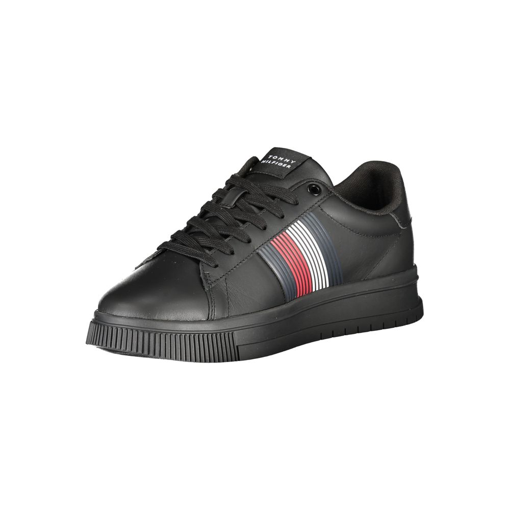 Tommy Hilfiger Black Polyester Sneaker with laces, contrast details, and logo, ideal sports footwear for style and performance.