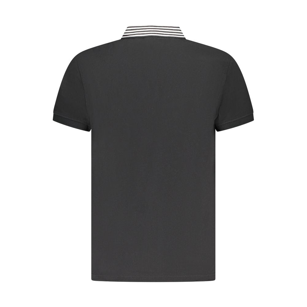 Back view of Cavalli Class Black Cotton Men Polo Shirt with striped collar detail, showcasing Italian craftsmanship and style.