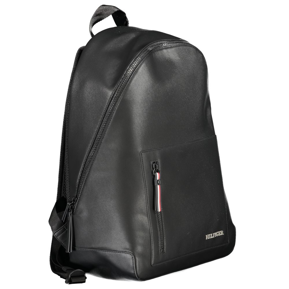 Tommy Hilfiger Black Polyester Backpack with adjustable straps, external pocket, and zip closure made from recycled materials.