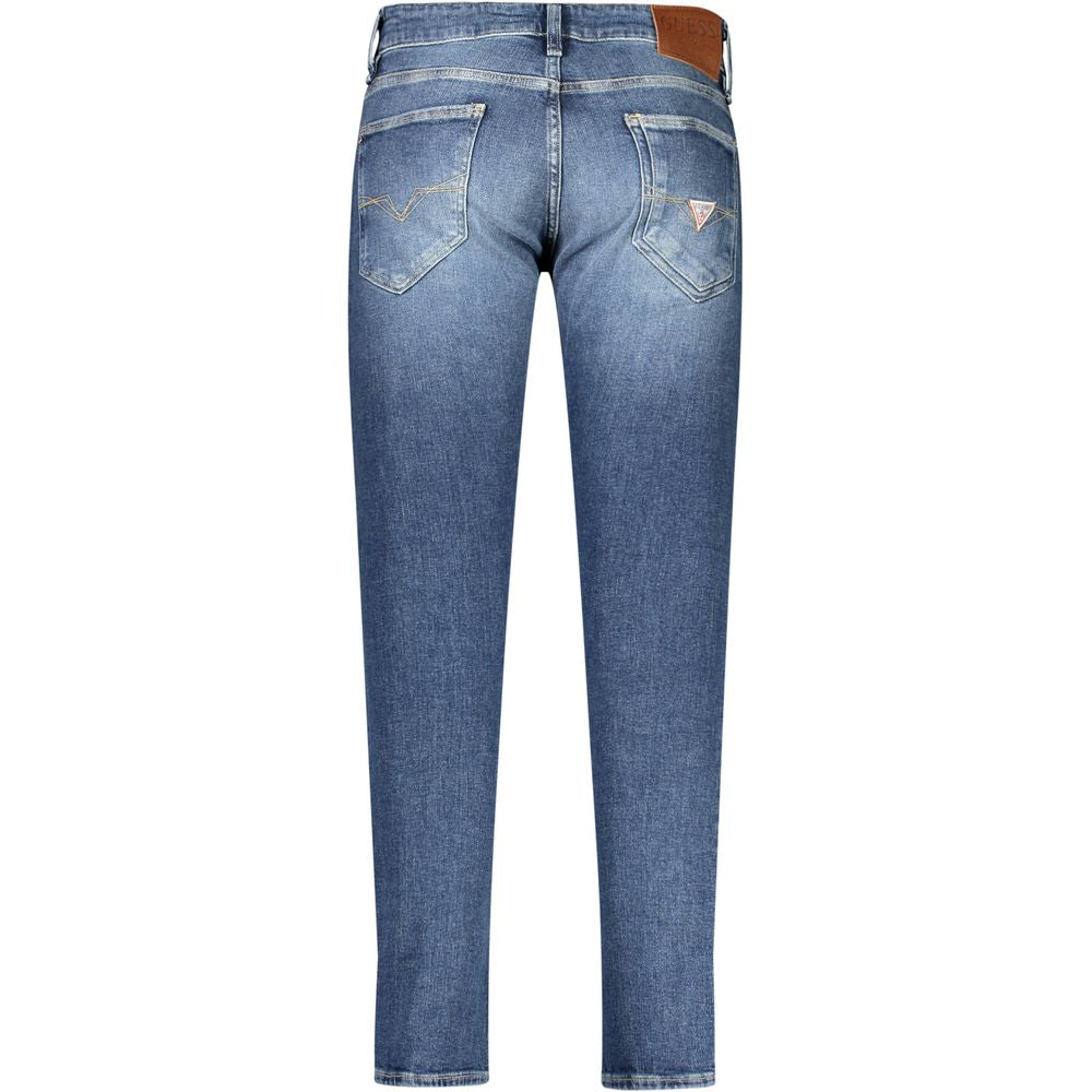 Guess Jeans Blue Cotton Jeans Denim with a washed effect, featuring five pockets, button and zip closure, and recycled cotton material.