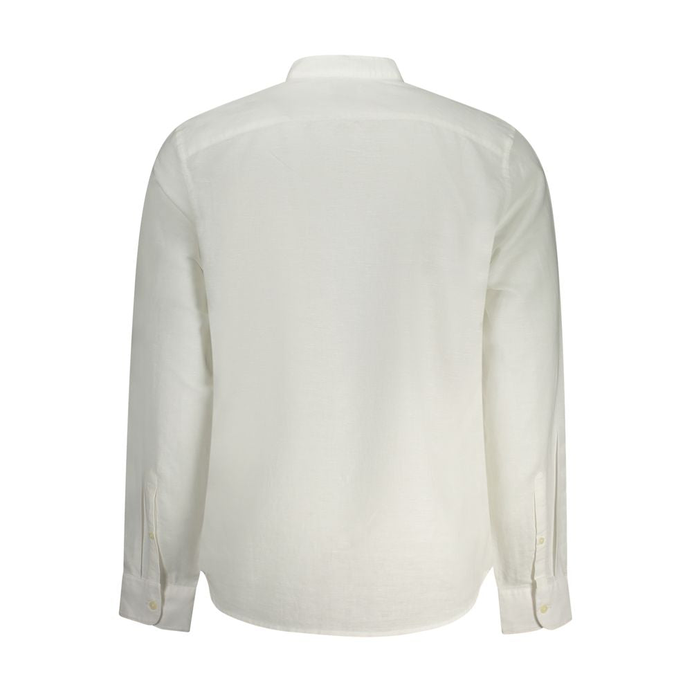 Timberland White Cotton Shirt with long sleeves and mandarin collar, featuring slim fit and embroidery.