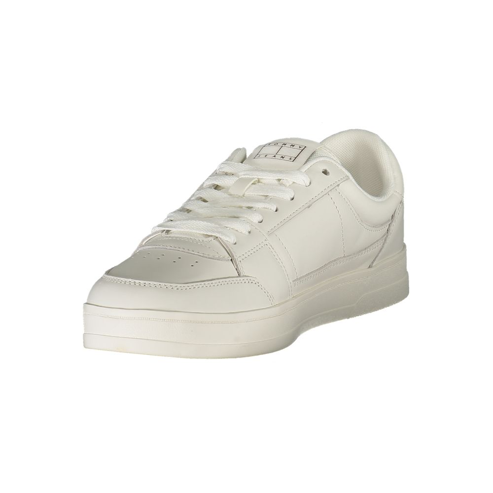 Side view of Tommy Hilfiger White Leather Men Sneaker showcasing sleek design with bold details