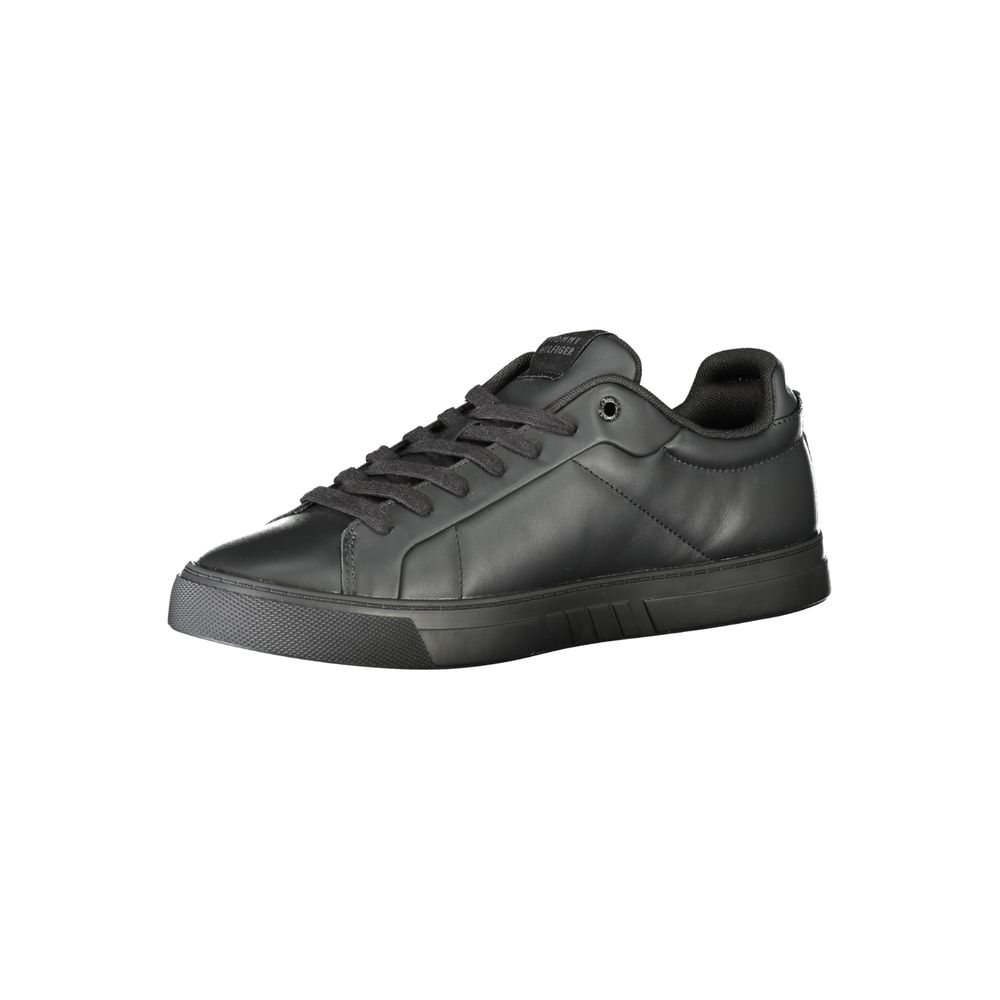 Tommy Hilfiger Black Leather Men Sneaker with contrasting details, lace-up design, and iconic logo, offering style and comfort.