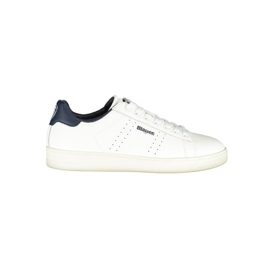 Blauer White Leather Men Sneaker with blue accents and logo, side view.