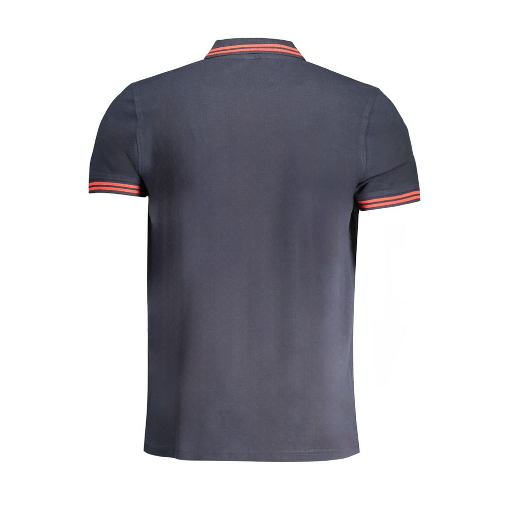 Cavalli Class Blue Cotton Polo Shirt with short sleeves, 3 buttons, contrast details, and embroidery logo on back view.