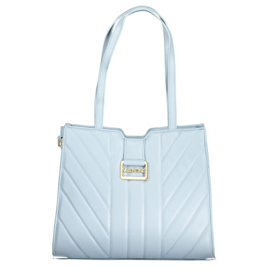 Mario Valentino Blue Polyethylene Handbag with two shoulder handles and removable chain handle, featuring logo and contrast details.