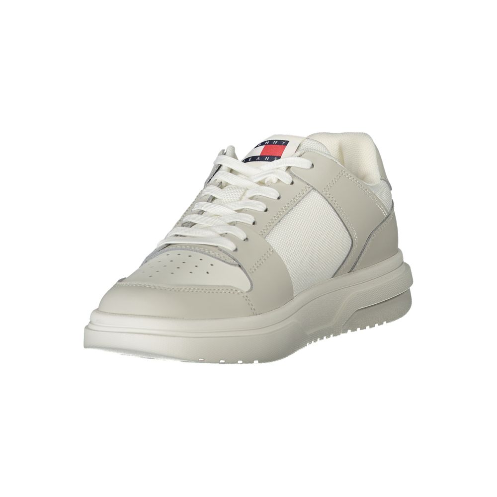 Alt Tag: Tommy Hilfiger White Polyester Sneaker with grey details, removable footbed, and logo, sports shoe with laces.