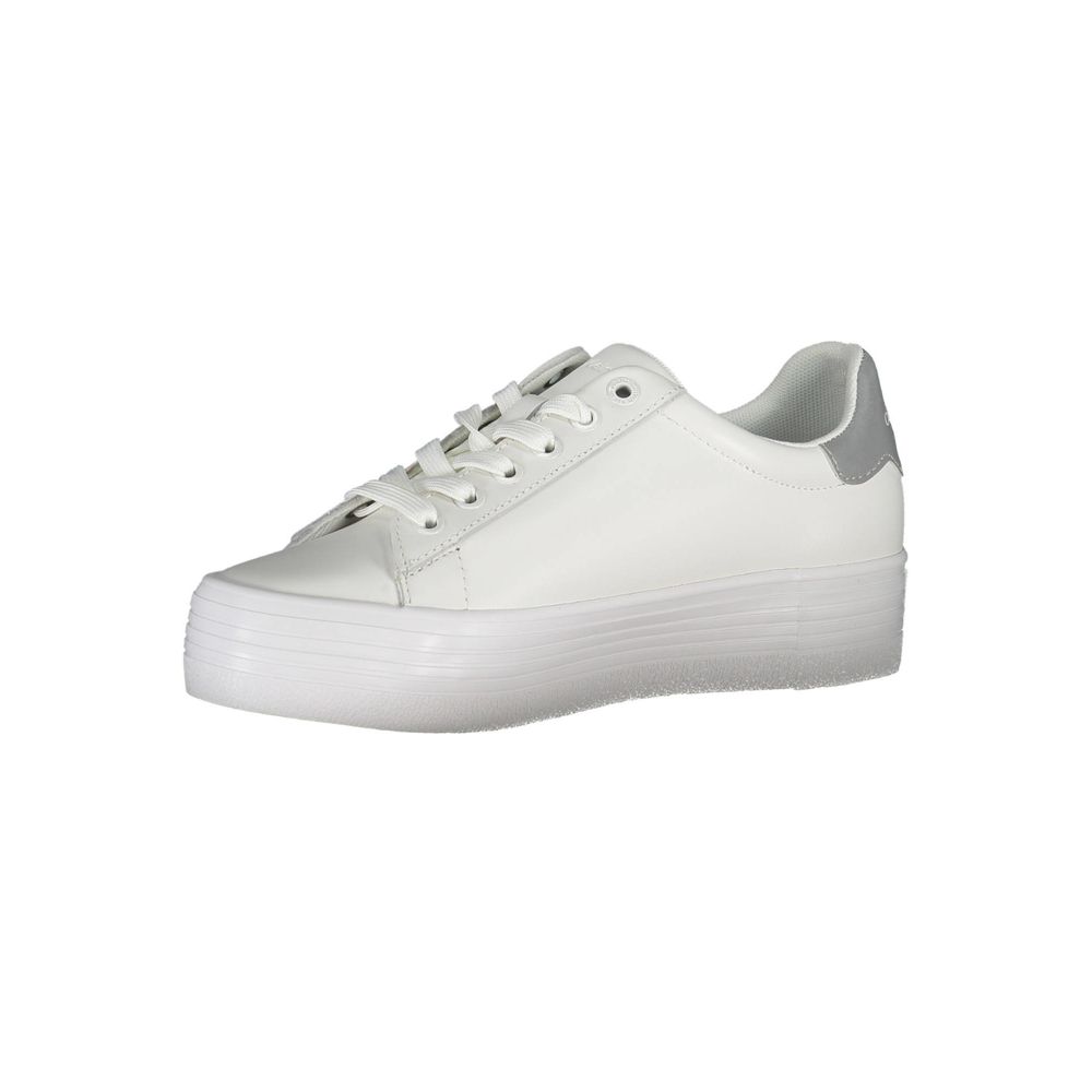 Calvin Klein White Polyester Sneaker with laces and logo, made from 100% recycled polyester, featuring contrasting details.