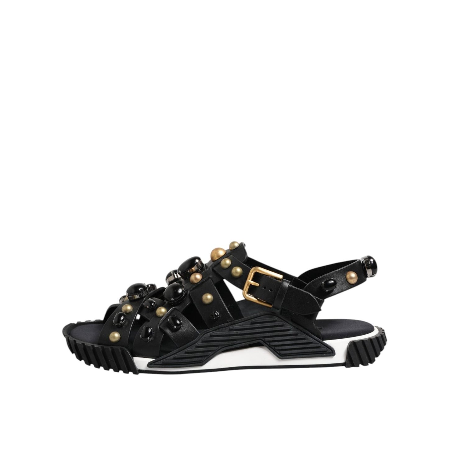 Dolce & Gabbana Black Leather Studded Ankle Strap Sandals Shoes