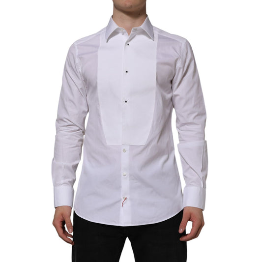 Dolce & Gabbana White Bib Cotton Popline GOLD Men Formal Shirt with long sleeves and classic neck displayed on model.