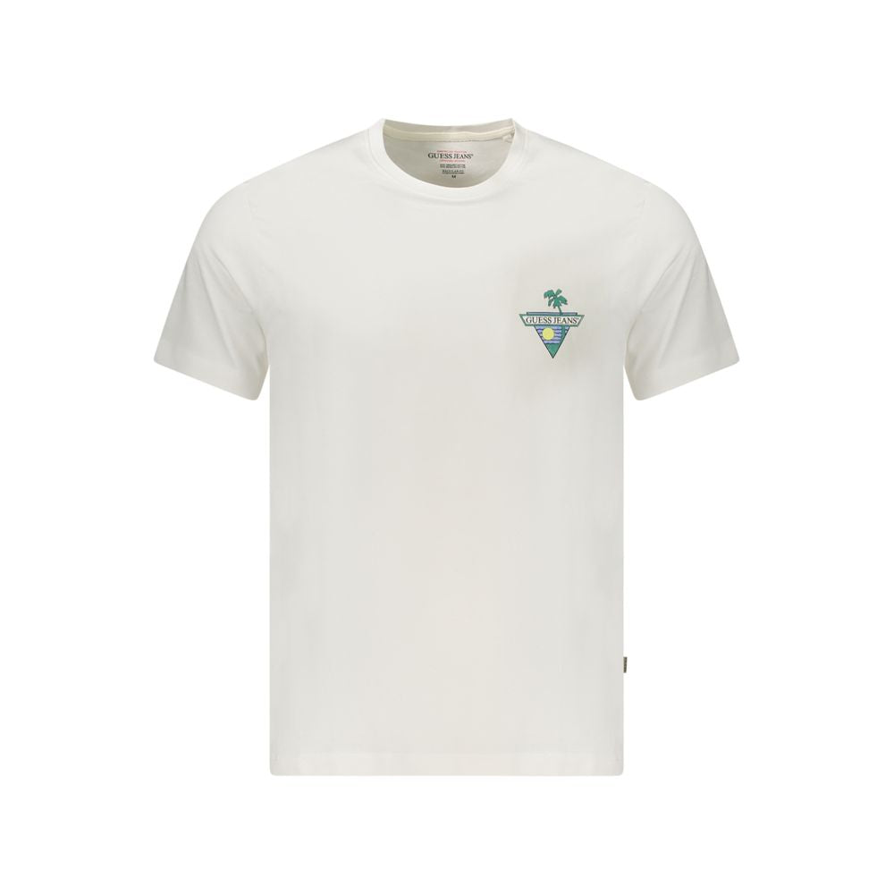 Guess Jeans White Cotton T-Shirt with short sleeves, crew neck, and logo print, made of organic cotton.