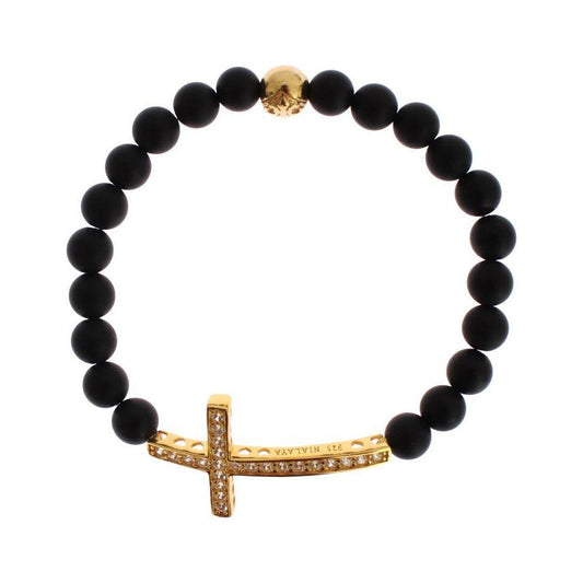 Nialaya Matte Onyx Stone Gold CZ Cross 925 Silver Bracelet Bracelet