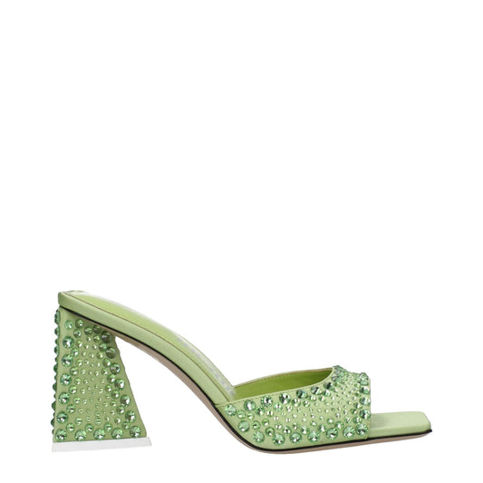 The Attico Green Satin Stiletto Heel Sandals with rhinestones, open toe, lime secondary color, and leather sole, mid heel.