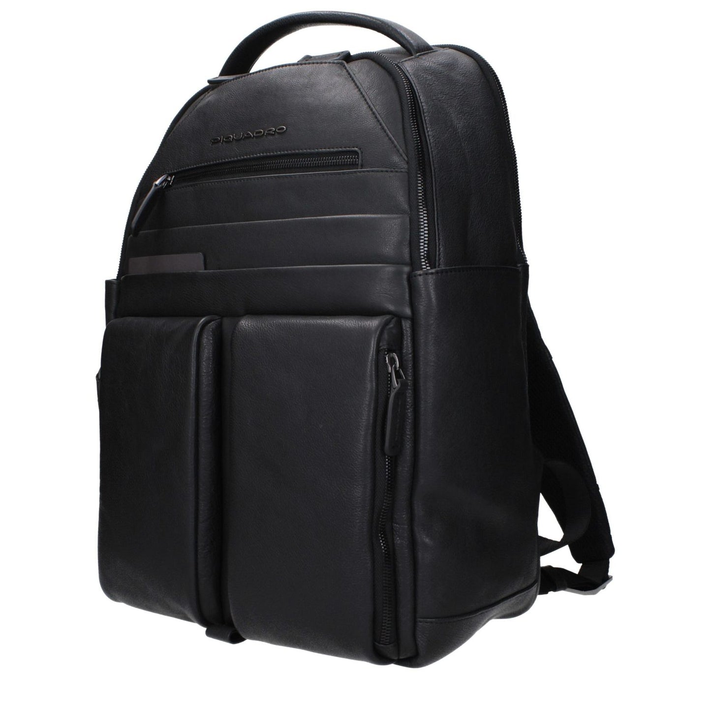 Piquadro Black Leather Backpack with front logo, adjustable straps, and compartments for iPad/PC cases.