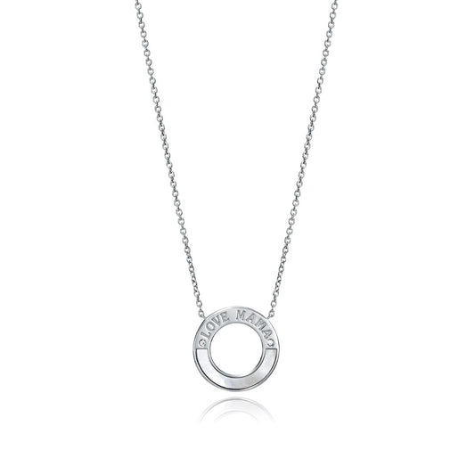 Silver 'Love Mama' necklace with circular pendant on a delicate chain, symbolizing elegance and affection. Ideal for stylish, meaningful gifting.
