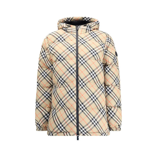 Burberry Beige Polyester Full-Length Jacket with iconic check pattern, adjustable hood, and silicone label design.
