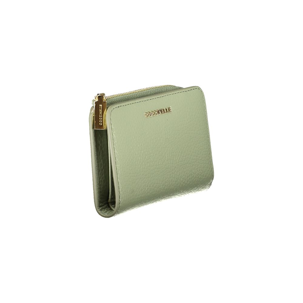 Coccinelle Green Leather Women Wallet with iconic logo, premium leather, secure zip, snap closure, spacious compartments, and coin purse.