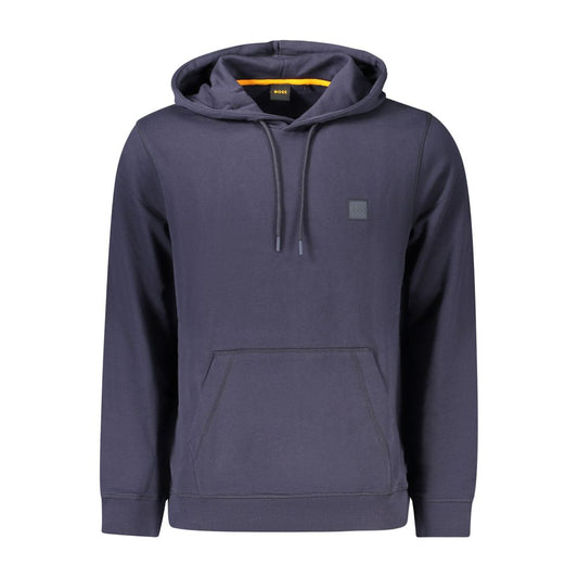 Hugo Boss Blue Cotton Men Sweater with hood, central pocket, and logo embroidery.