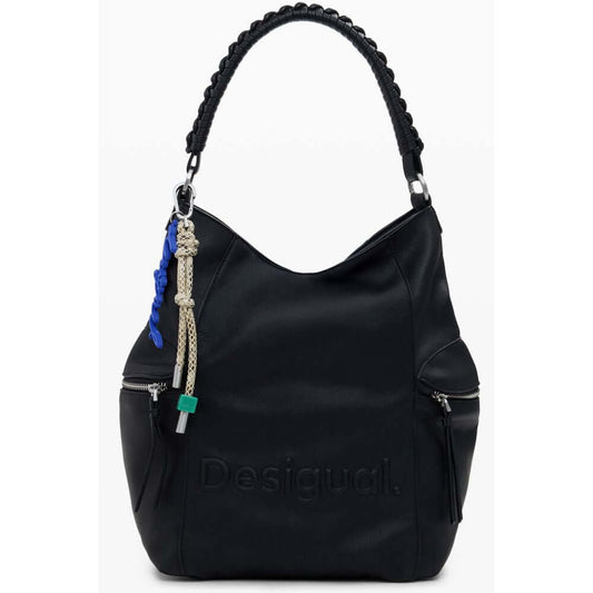Desigual Black Polyethylene Women Backpack with unique one-shoulder handle and Africa logo, featuring a secure zippered main compartment.