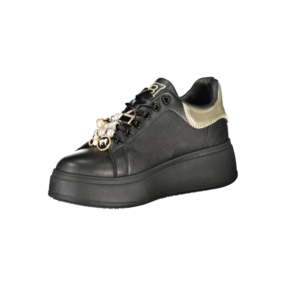 Laura Biagiotti Black Polyester Women Sneaker with platform and applique detailing, perfect for sports, leisure, or urban fashion.