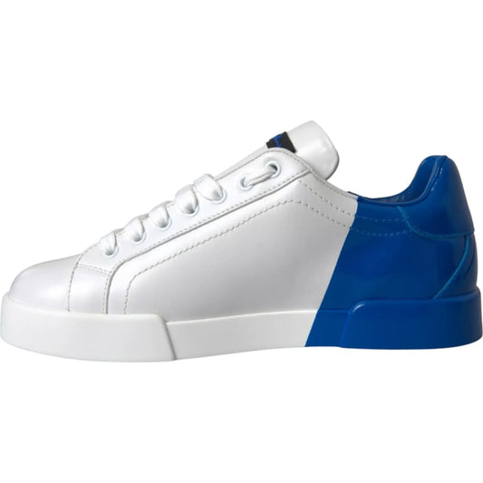 Dolce & Gabbana White Blue Logo Low Top Leather Sneakers Shoes, luxury calfskin sneakers with rubber sole and lace-up, made in Italy.