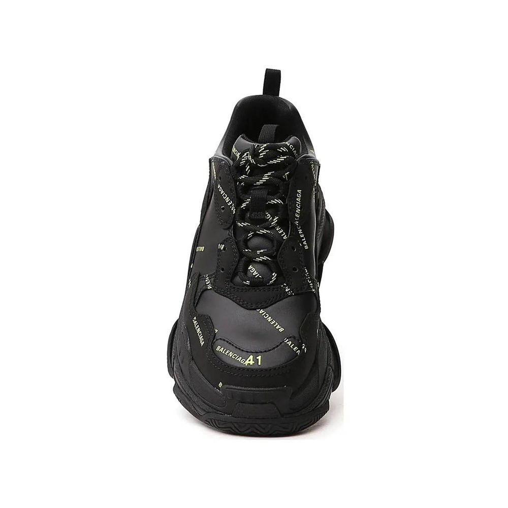 Balenciaga Black Calfskin Chunky Sneakers with lace-up closure and logo detail, made in Italy, front view.