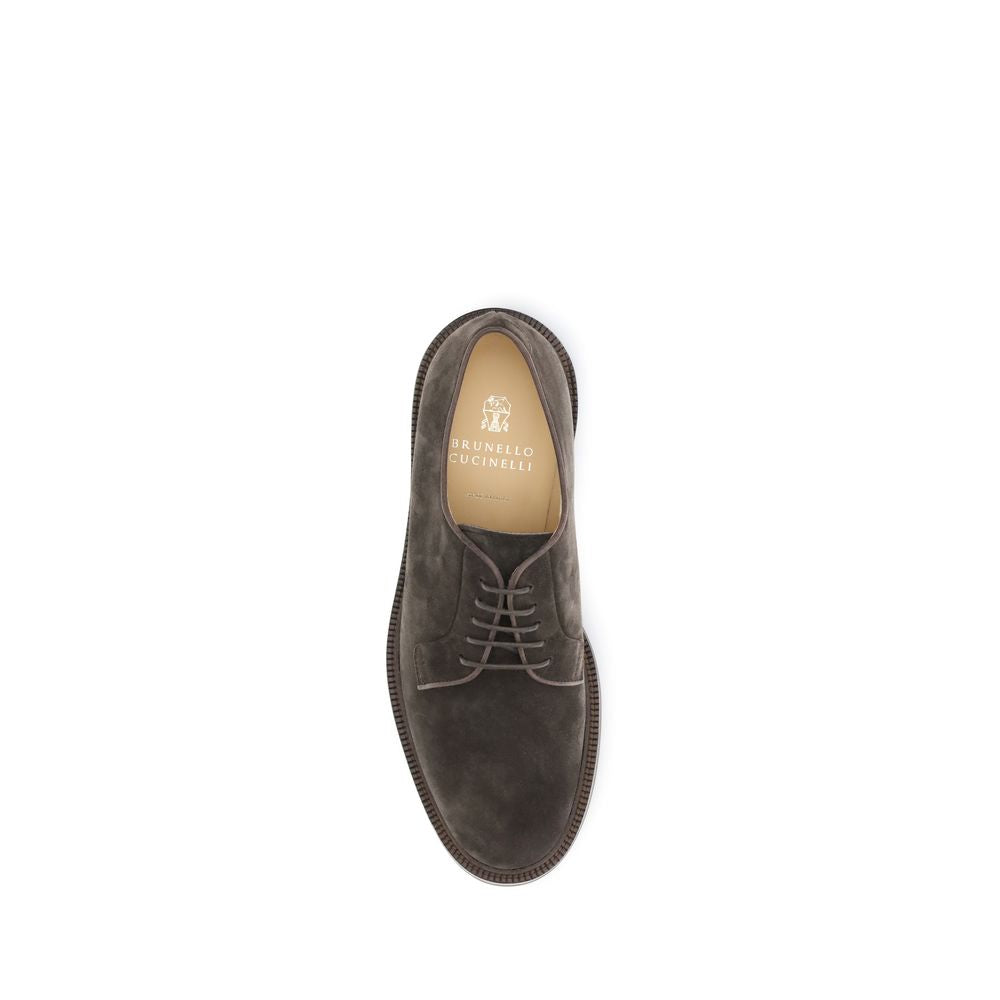 Brunello Cucinelli Brown Calf Leather Bos Taurus Oxfords And Derbies with suede design and contrasting logo insole