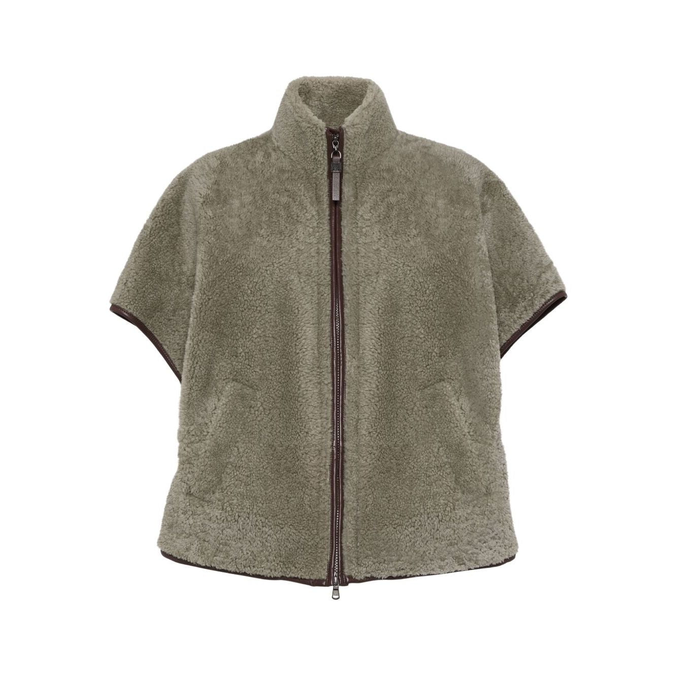 Brunello Cucinelli Curly Shearling Short Sleeve Outerwear with Shiny Zipper Pull