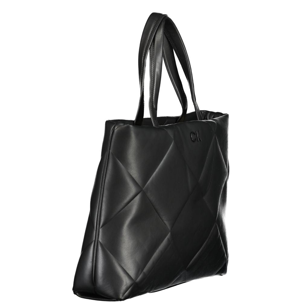 Calvin Klein Black Cotton Handbag with two handles, internal pockets, drawstring closure, and contrasting logo.