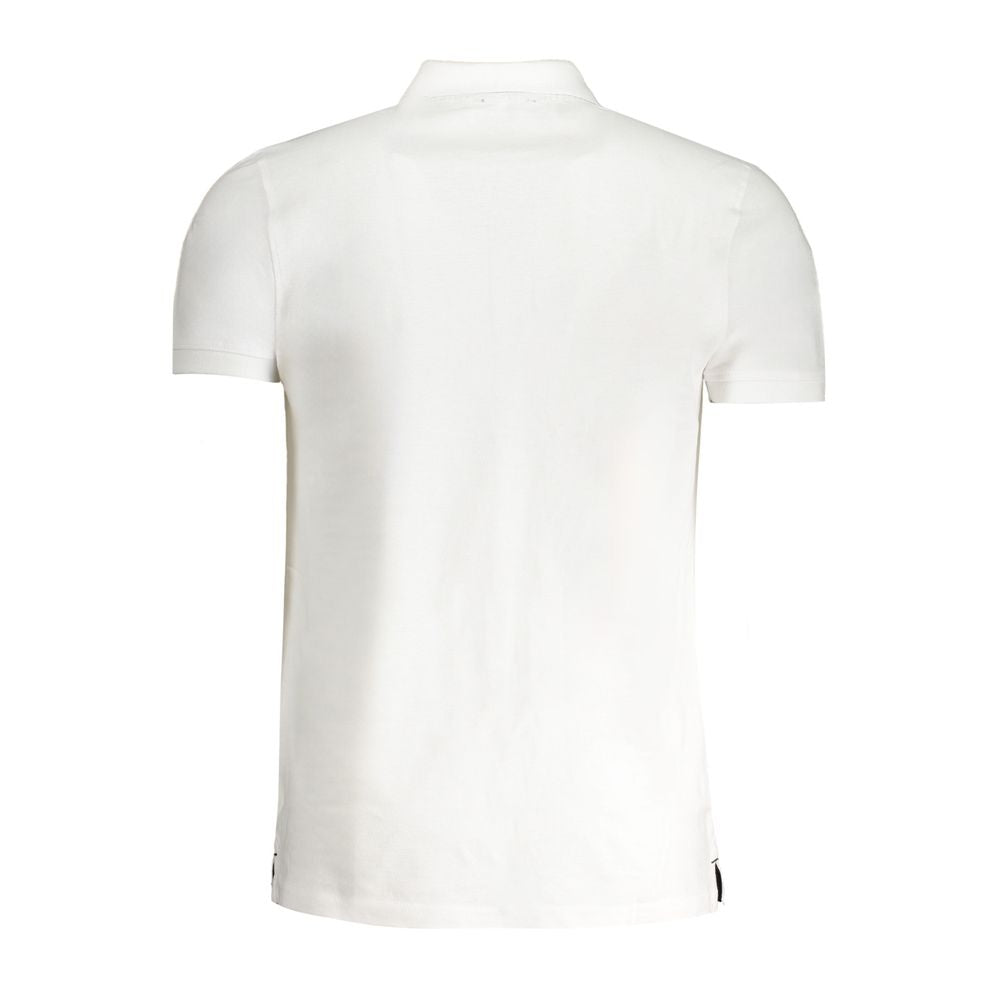 Cavalli Class White Cotton Polo Shirt back view, short sleeves with buttons and logo print for a stylish look.