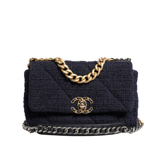Chanel Dark Blue Medium Flap Tweed CC Gold Gray Chain Shoulder Bag