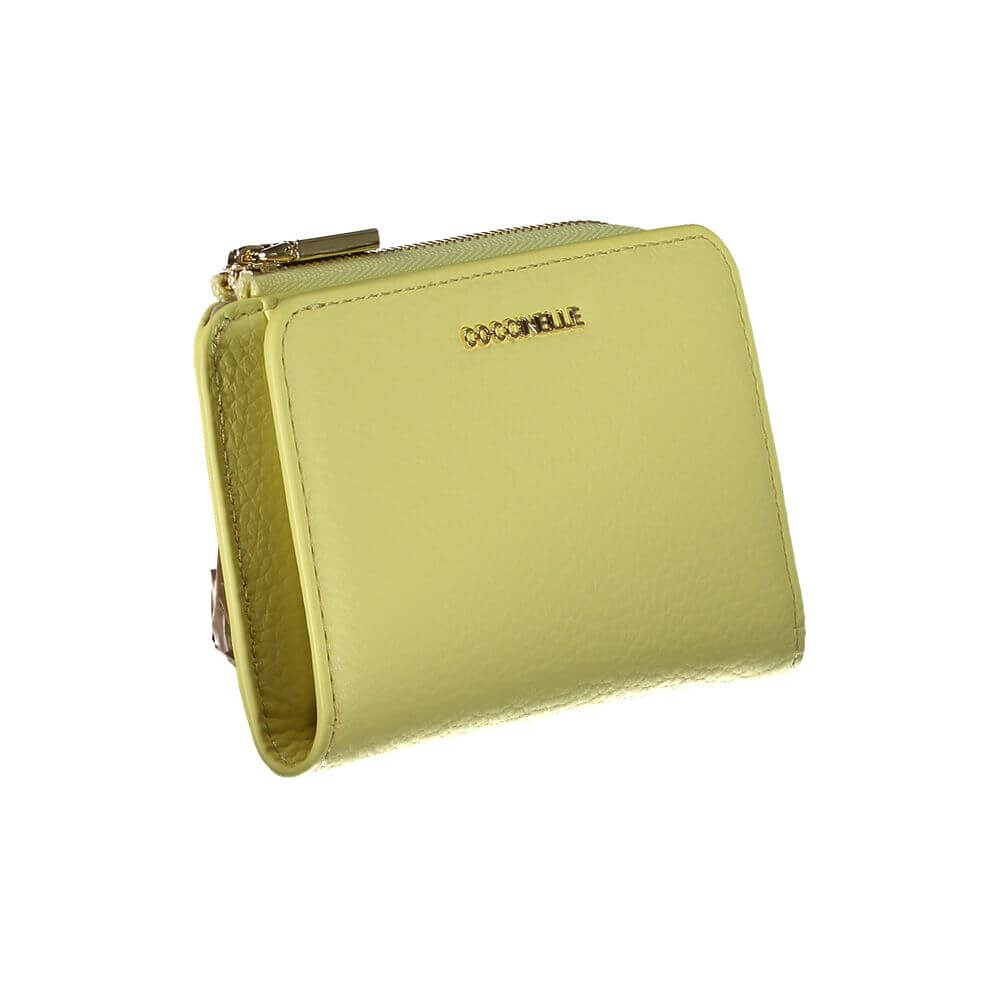 Coccinelle Yellow Leather Wallet with double card spaces, coin purse, zip, automatic closure, and logo detail.