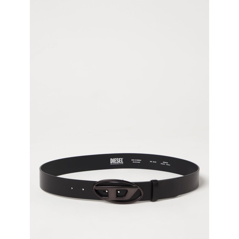 Diesel Black Leather Regular Belt with metal logo buckle for sophisticated everyday wear