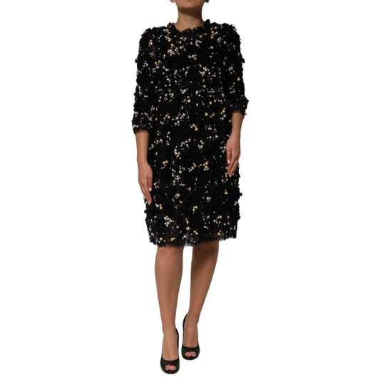 Dolce & Gabbana Black Viscose Pearl Embellishment Shift Dress