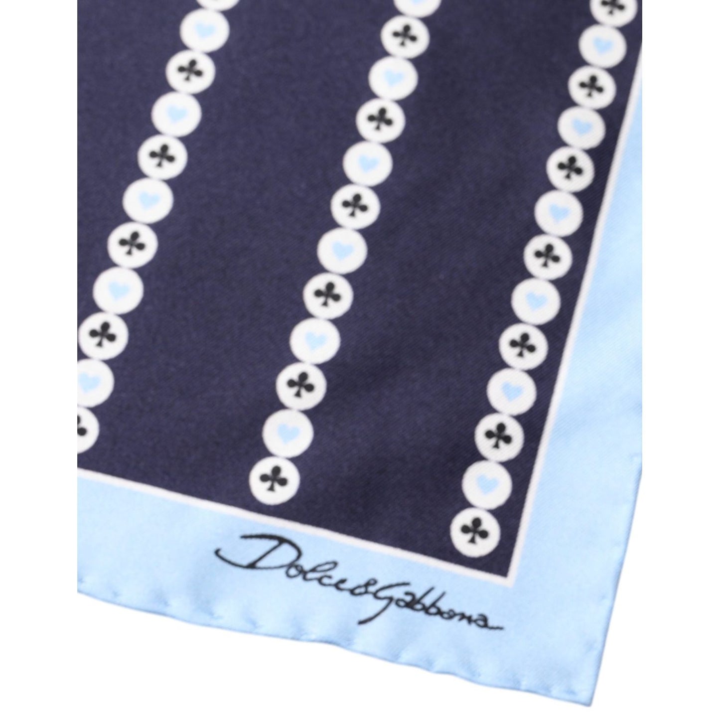 Dolce & Gabbana Blue Heart Spade Silk Handkerchief Scarf with black pattern on blue background, luxury Italian fashion accessory.